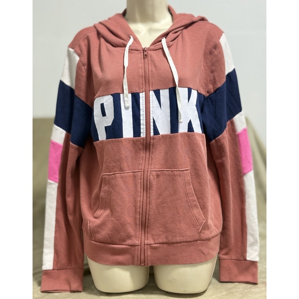 Victoria's Secret PINK Zip Hoodie Color Block Blue White Large Gym School Class‎